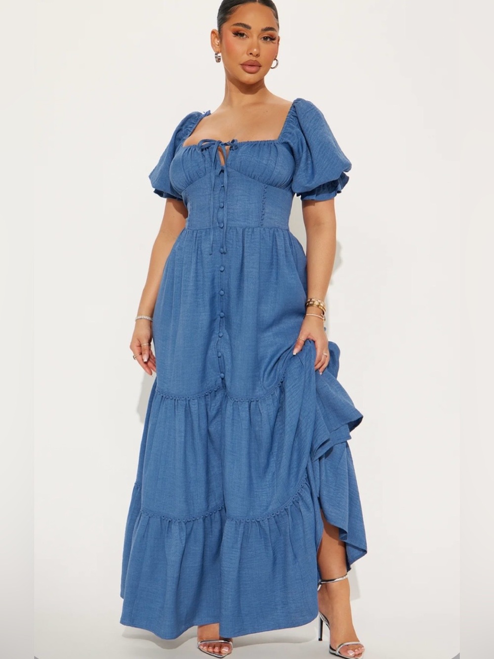 Fashion Nova 1XL Blue Puff Sleeve Corset Tiered Cottagecore Maxi Dress